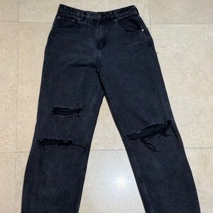 Black Ripped Mid-Rise Straight Leg Jeans